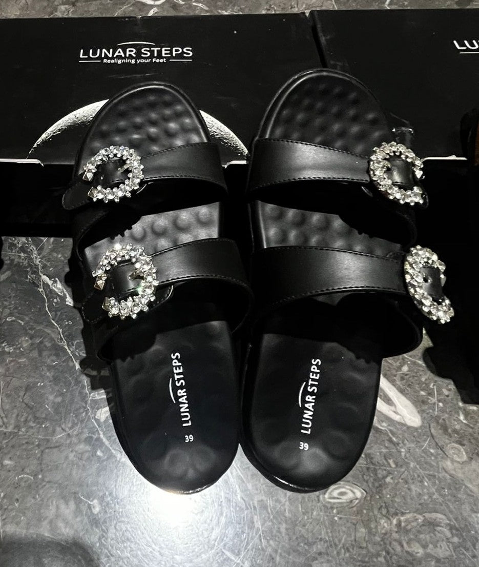 Celesta Crystal-Ortho Double Strap Slides – Ultra-Soft Massage Footbed (Black)