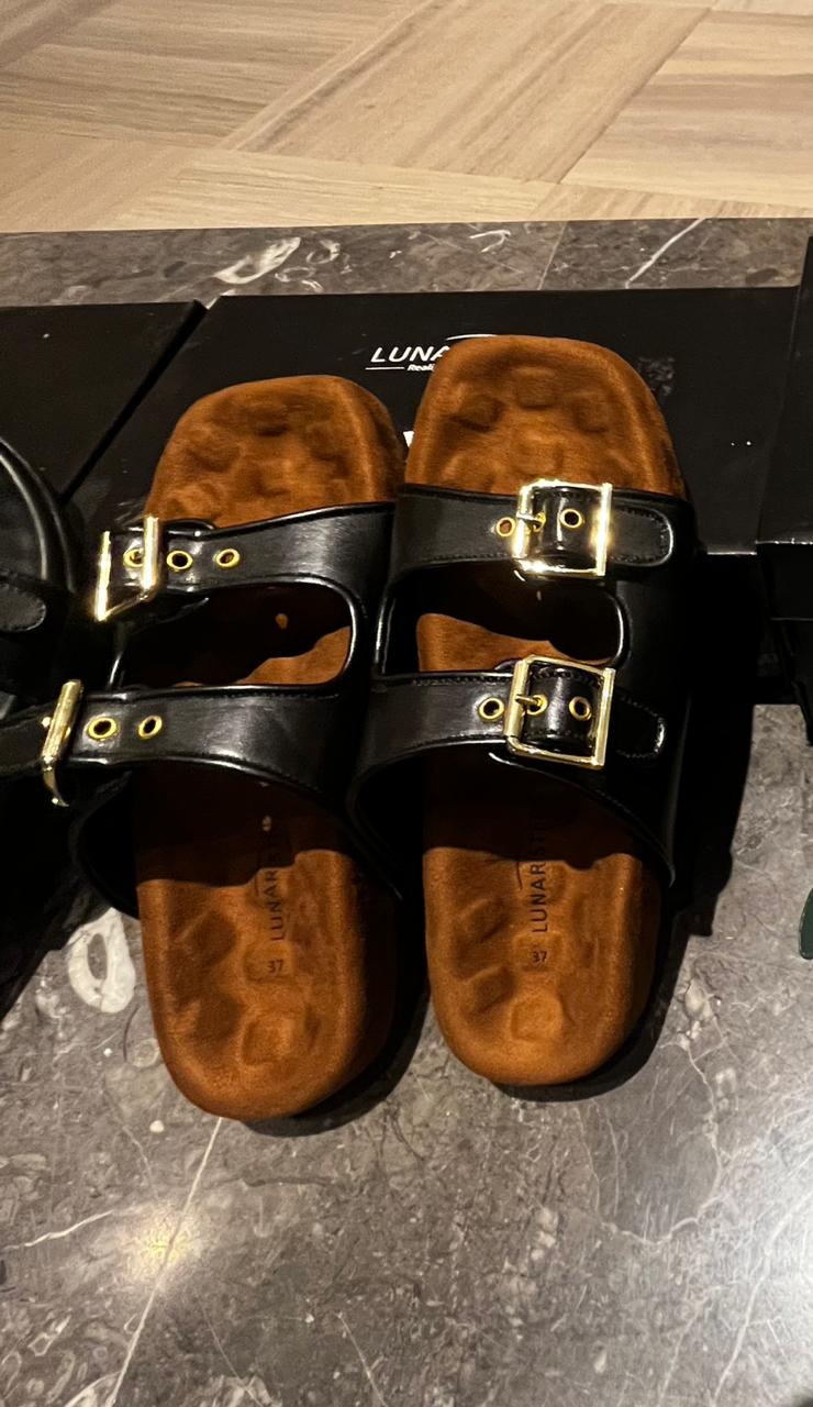 Nebula Orthopedic Double-Buckle Sandals Contoured Comfort Footbed & Premium Leather Look (Black & Tan)